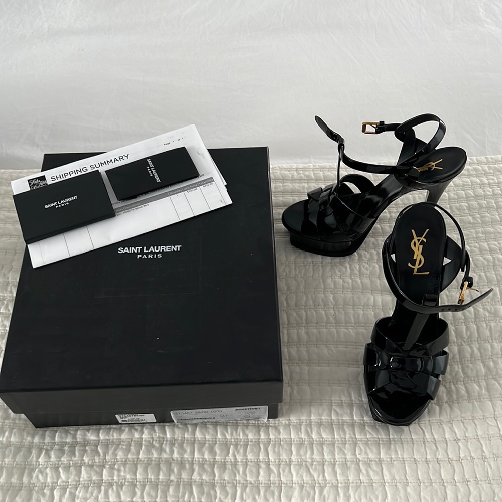 YSL TRIBUTE PLATFORM SANDALS IN PATENT BLACK SIZE 36.5